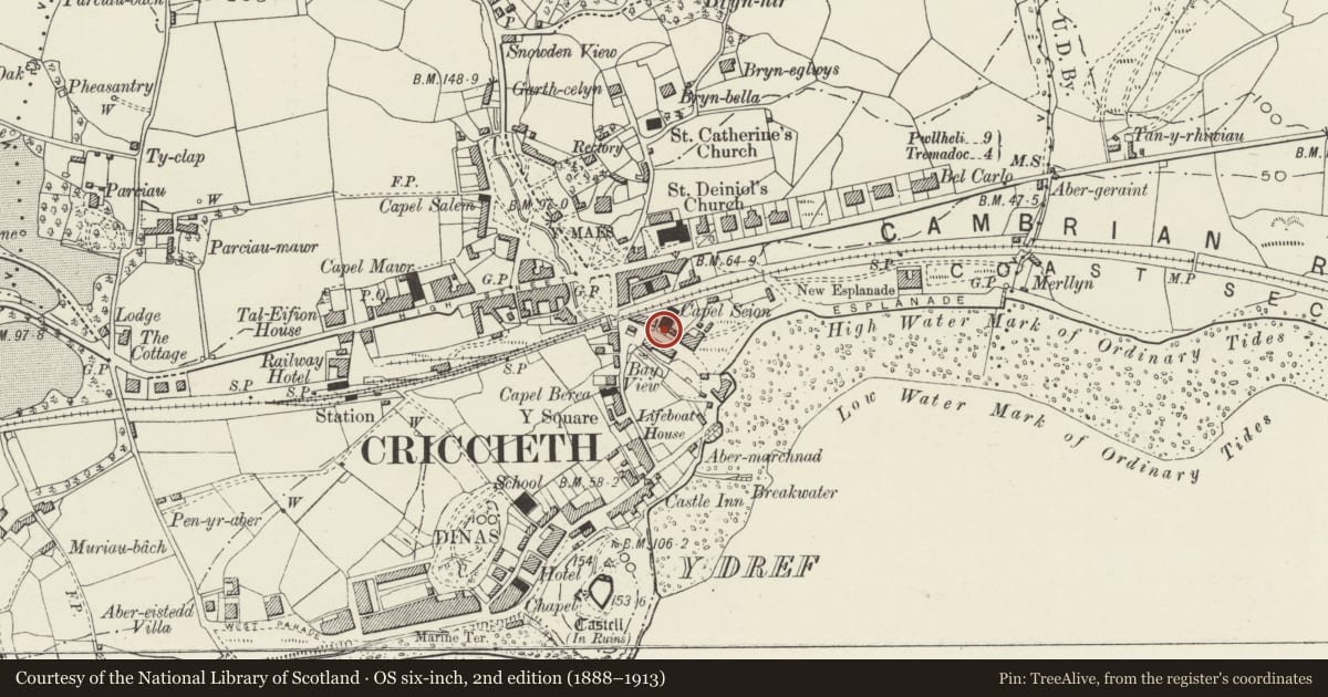 Ordnance Survey six-inch map, 2nd edition (1888–1913) covering the location of Gates, Wall and Railings at Capel Seion, Criccieth, Gwynedd, with a pin at the register's coordinates