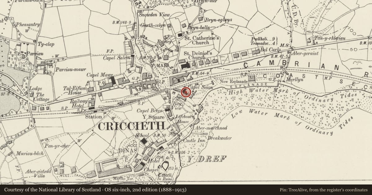Ordnance Survey six-inch map, 2nd edition (1888–1913) covering the location of Penpaled, Criccieth, Gwynedd, with a pin at the register's coordinates