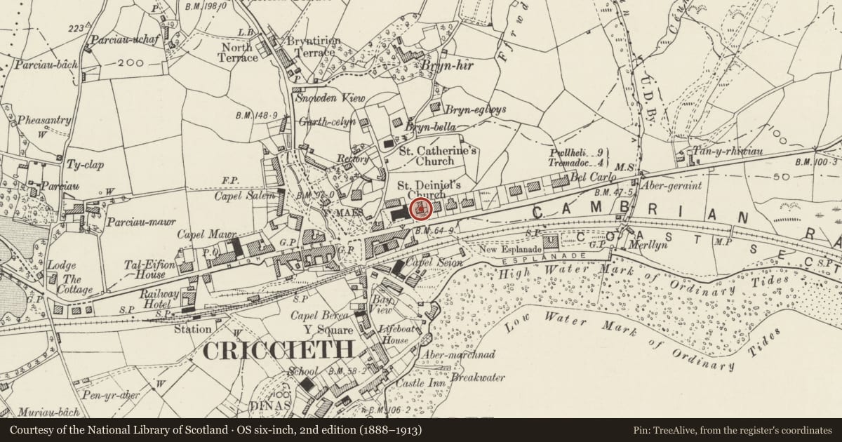 Ordnance Survey six-inch map, 2nd edition (1888–1913) covering the location of Nant y Felin, Criccieth, Gwynedd, with a pin at the register's coordinates