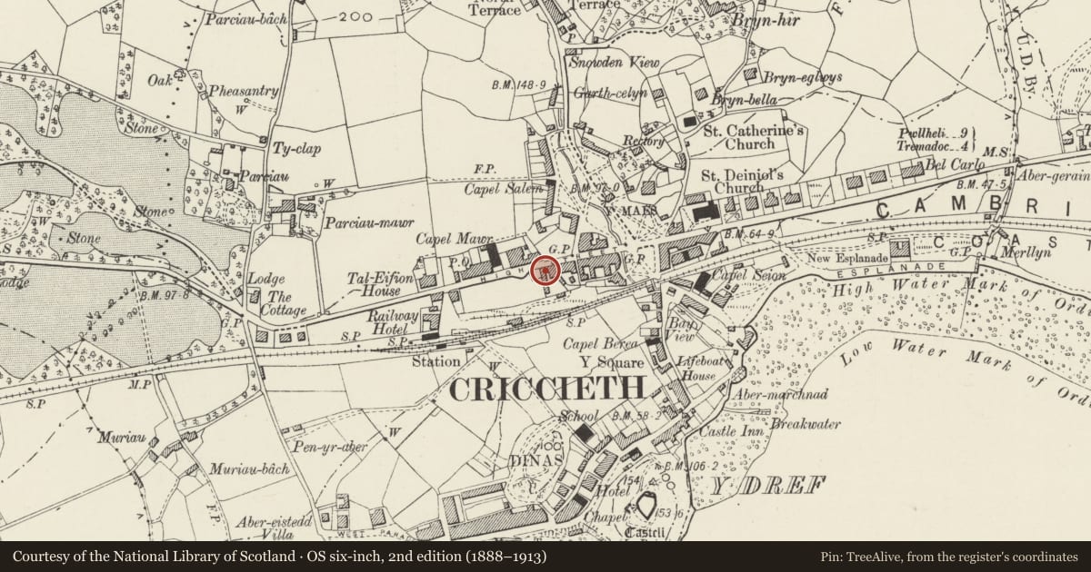 Ordnance Survey six-inch map, 2nd edition (1888–1913) covering the location of Bryn Hir Arms including Archway to yard, Criccieth, Gwynedd, with a pin at the register's coordinates