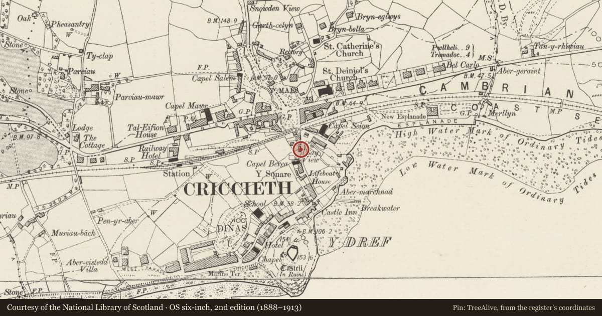 Ordnance Survey six-inch map, 2nd edition (1888–1913) covering the location of 6 Wellington Terrace, Criccieth, Gwynedd, with a pin at the register's coordinates
