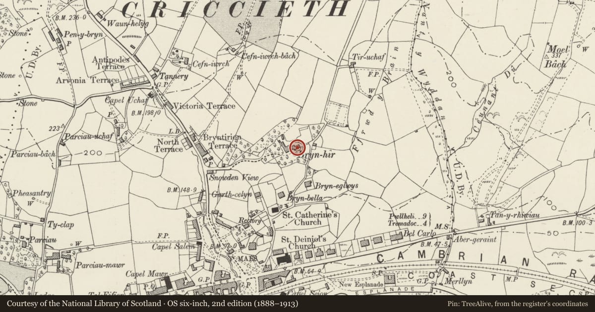 Ordnance Survey six-inch map, 2nd edition (1888–1913) covering the location of Stable Block at Bryn Hir, Criccieth, Gwynedd, with a pin at the register's coordinates