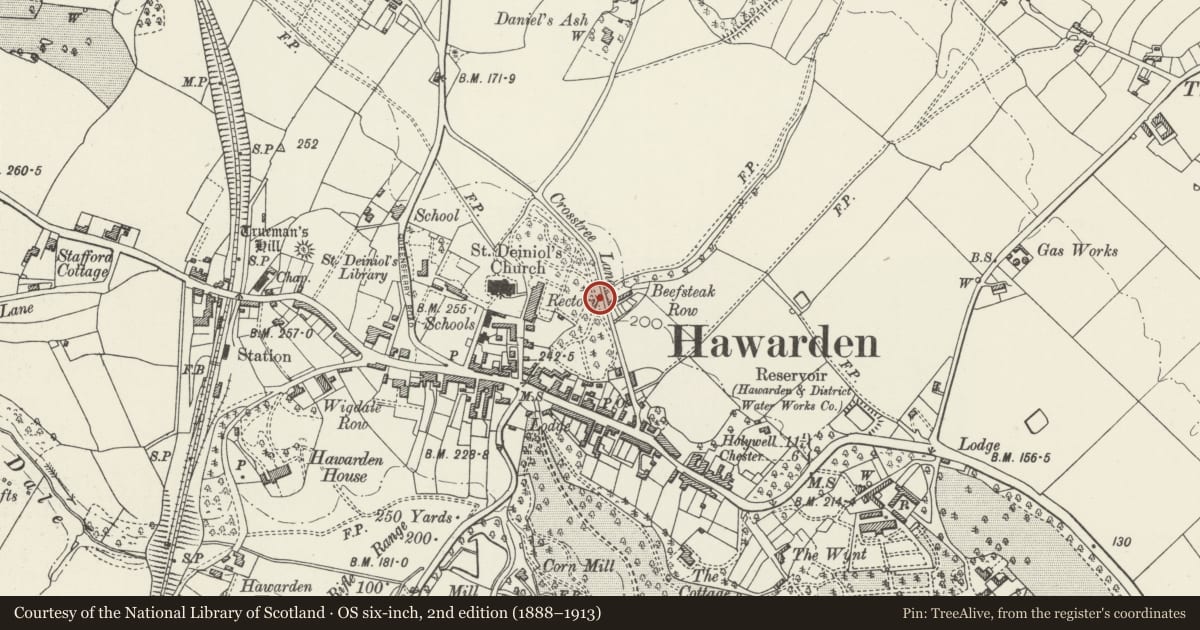 Ordnance Survey six-inch map, 2nd edition (1888–1913) covering the location of Registry Office (Ice House to East), Hawarden, Flintshire, with a pin at the register's coordinates