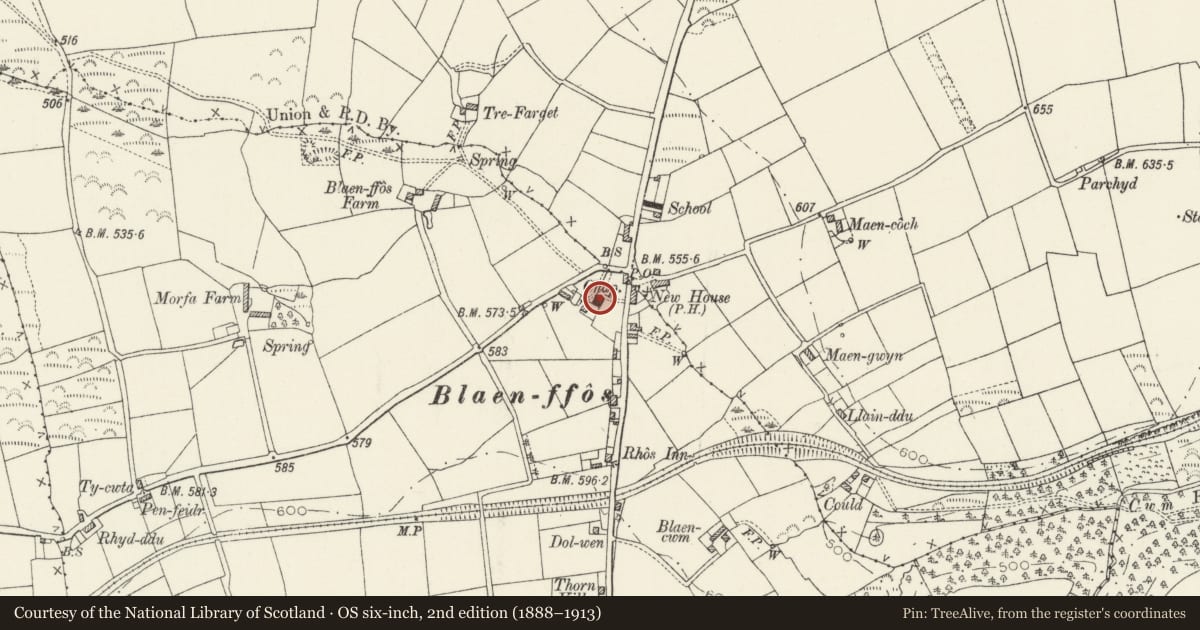 Ordnance Survey six-inch map, 2nd edition (1888–1913) covering the location of Blaenfos Baptist Chapel, Boncath, Pembrokeshire, with a pin at the register's coordinates