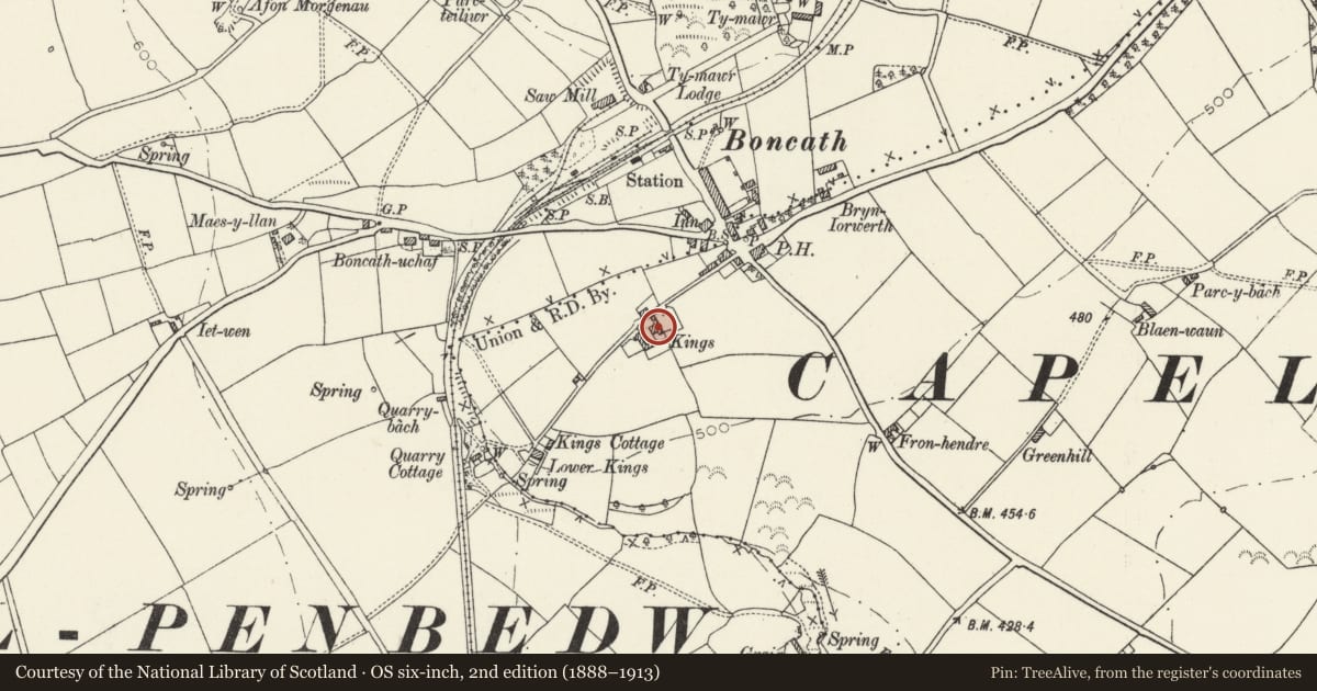 Ordnance Survey six-inch map, 2nd edition (1888–1913) covering the location of Kings, Boncath, Pembrokeshire, with a pin at the register's coordinates