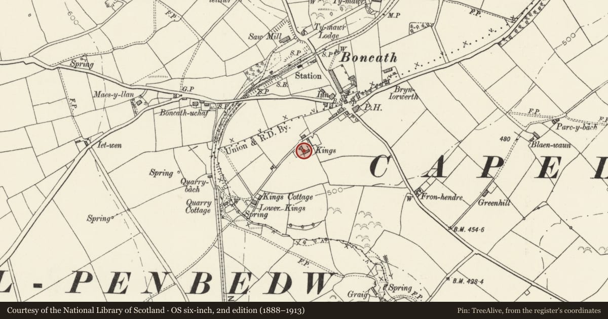 Ordnance Survey six-inch map, 2nd edition (1888–1913) covering the location of Outbuilding Range SW of Farmhouse at Kings Farm, Boncath, Pembrokeshire, with a pin at the register's coordinates