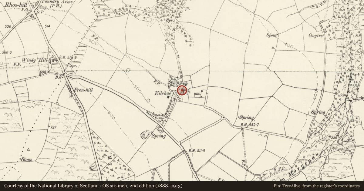 Ordnance Survey six-inch map, 2nd edition (1888–1913) covering the location of Cilrhue, Boncath, Pembrokeshire, with a pin at the register's coordinates