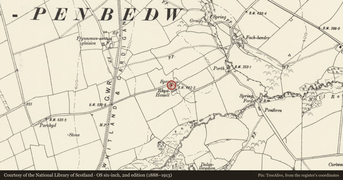 Ordnance Survey six-inch map, 2nd edition (1888–1913) covering the location of Rhydhowell, Boncath, Pembrokeshire, with a pin at the register's coordinates