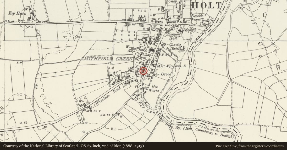 Ordnance Survey six-inch map, 2nd edition (1888–1913) covering the location of Smithfield House, Holt, Wrexham, with a pin at the register's coordinates