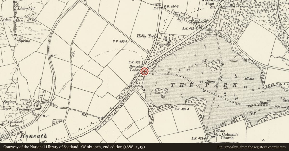Ordnance Survey six-inch map, 2nd edition (1888–1913) covering the location of No 4 Cilwendeg Lodge, Boncath, Pembrokeshire, with a pin at the register's coordinates