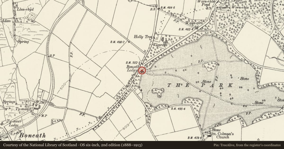 Ordnance Survey six-inch map, 2nd edition (1888–1913) covering the location of Piers & Railings to No 4 Cilwendeg Lodge, Boncath, Pembrokeshire, with a pin at the register's coordinates