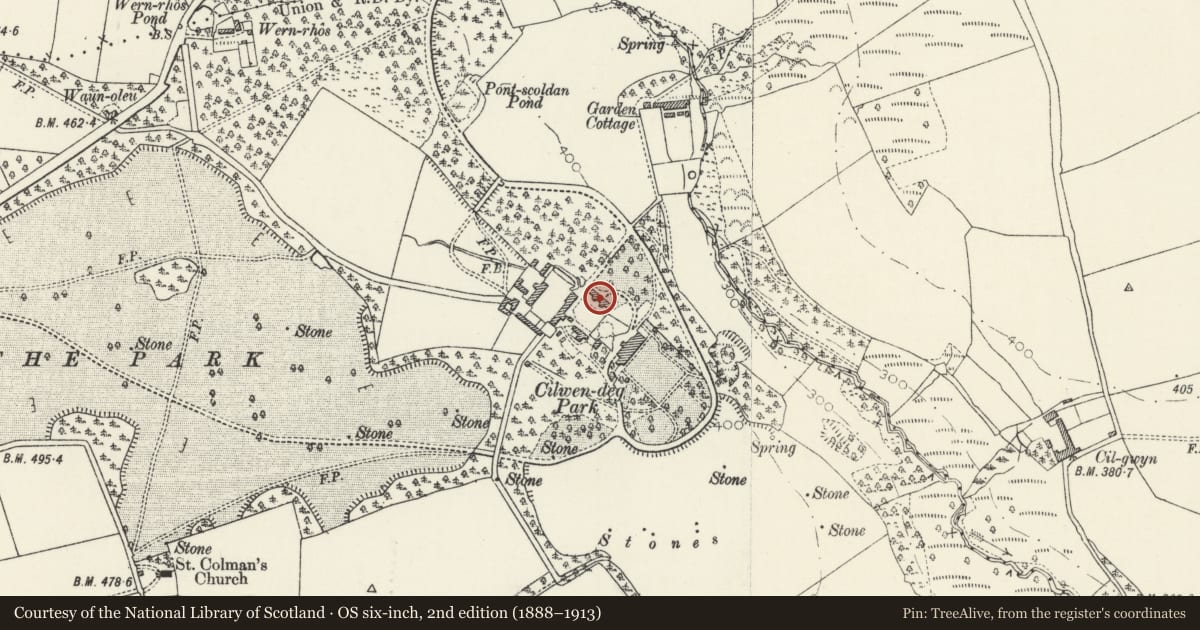 Ordnance Survey six-inch map, 2nd edition (1888–1913) covering the location of The Stable & Coach House at Cilwendeg Farm, Boncath, Pembrokeshire, with a pin at the register's coordinates