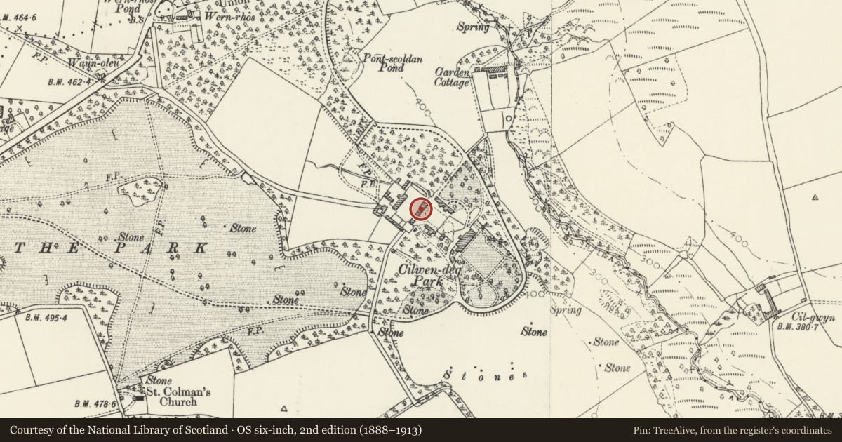 Ordnance Survey six-inch map, 2nd edition (1888–1913) covering the location of Range with Bellcote at Cilwendeg Farm, Boncath, Pembrokeshire, with a pin at the register's coordinates