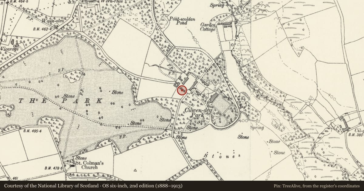 Ordnance Survey six-inch map, 2nd edition (1888–1913) covering the location of Open Bay Cow House at Cilwendeg Farm, Boncath, Pembrokeshire, with a pin at the register's coordinates