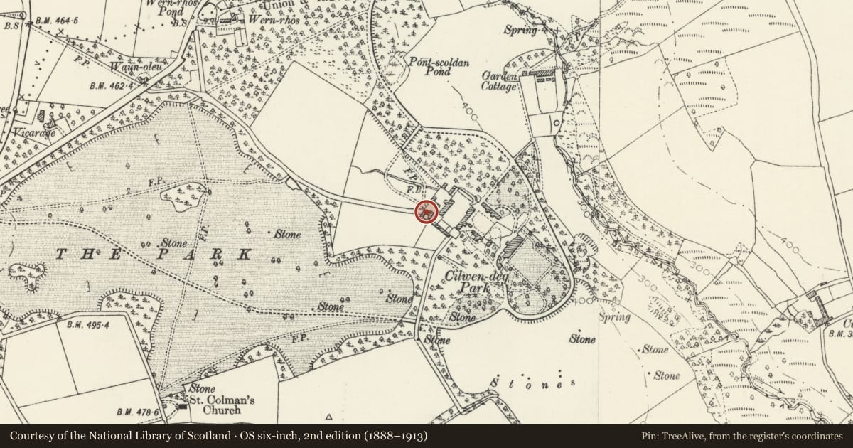 Ordnance Survey six-inch map, 2nd edition (1888–1913) covering the location of Lofted Cartshed at Cilwendeg Farm, Boncath, Pembrokeshire, with a pin at the register's coordinates