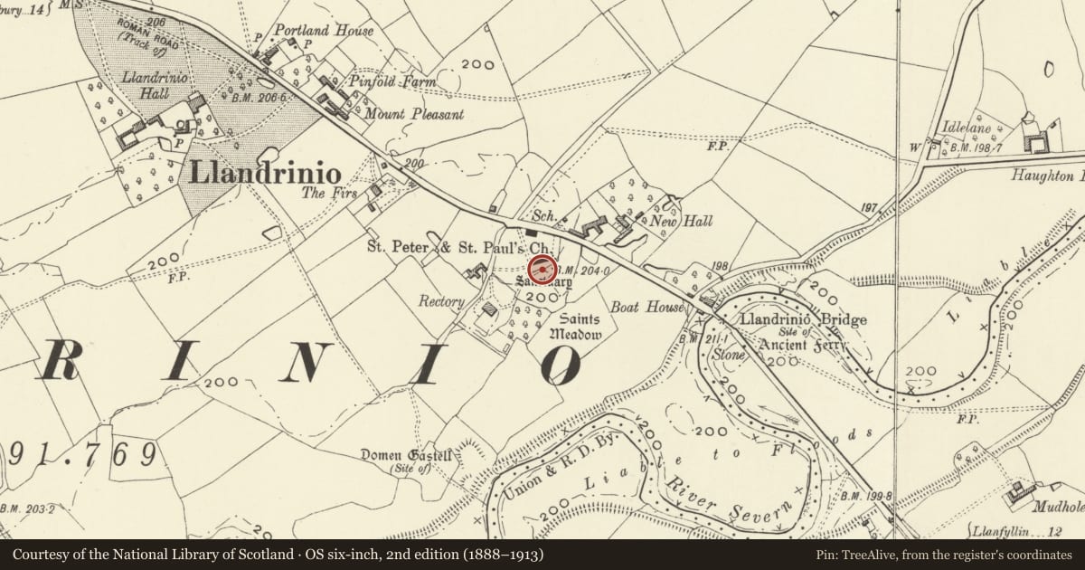 Ordnance Survey six-inch map, 2nd edition (1888–1913) covering the location of Sundial opposite S porch at church of St Trunio, Llandrinio, Powys, with a pin at the register's coordinates