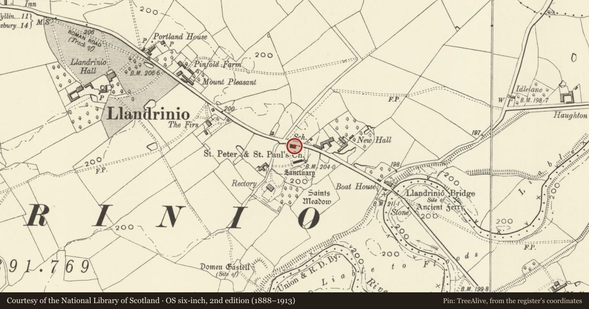Ordnance Survey six-inch map, 2nd edition (1888–1913) covering the location of Old School Room, Llandrinio, Powys, with a pin at the register's coordinates