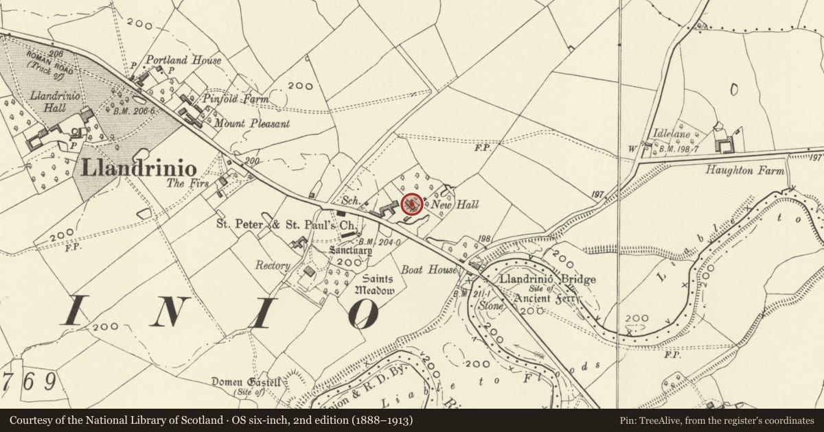 Ordnance Survey six-inch map, 2nd edition (1888–1913) covering the location of New Hall, Llandrinio, Powys, with a pin at the register's coordinates
