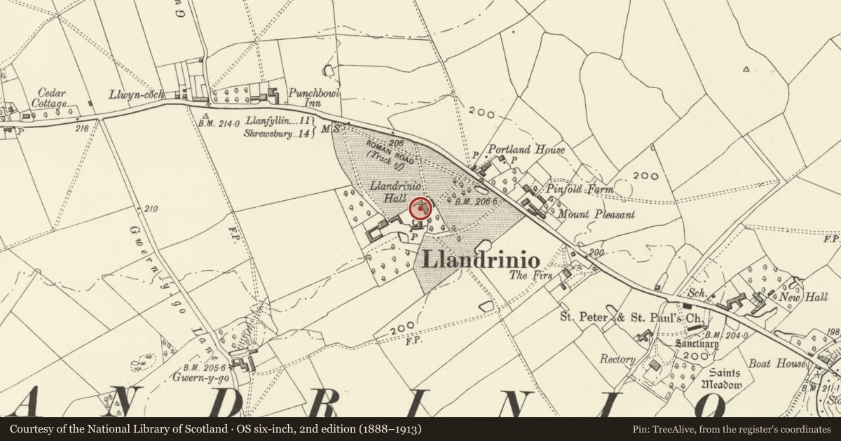Ordnance Survey six-inch map, 2nd edition (1888–1913) covering the location of Kitchen Garden Walls, Llandrinio, Powys, with a pin at the register's coordinates