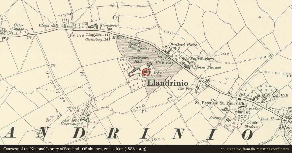 Ordnance Survey six-inch map, 2nd edition (1888–1913) covering the location of Outbuildings, formerly of Llandrinio Hall, Powys, with a pin at the register's coordinates