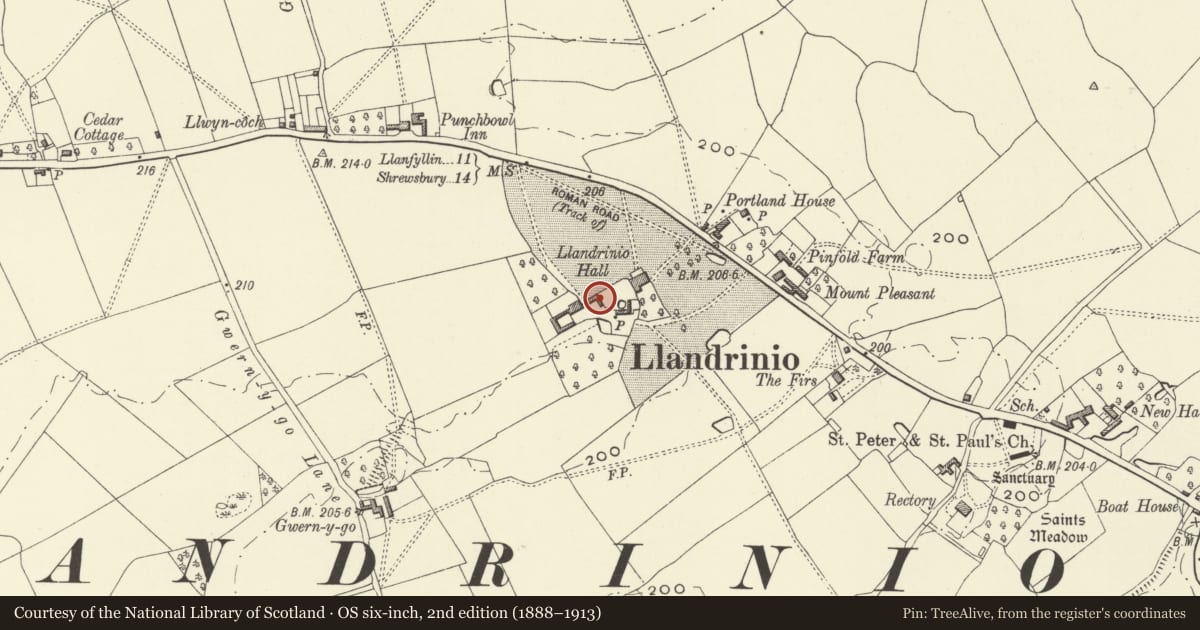 Ordnance Survey six-inch map, 2nd edition (1888–1913) covering the location of Outbuilding, formerly of Llandrinio Hall, Powys, with a pin at the register's coordinates