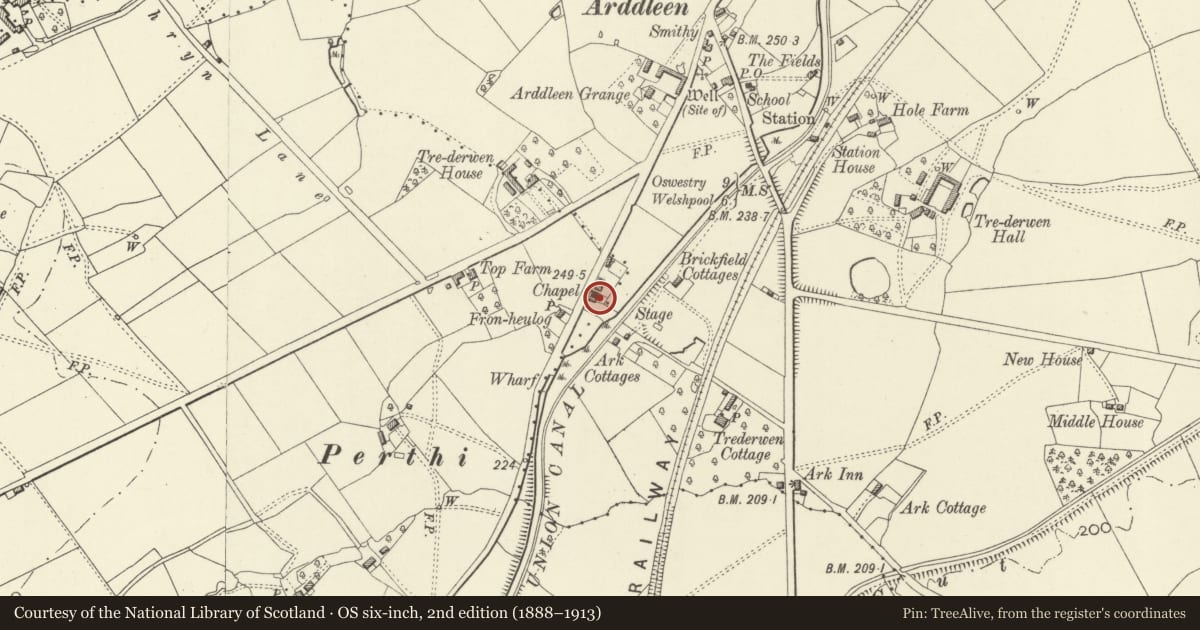 Ordnance Survey six-inch map, 2nd edition (1888–1913) covering the location of Presbyterian Chapel, Llandrinio, Powys, with a pin at the register's coordinates