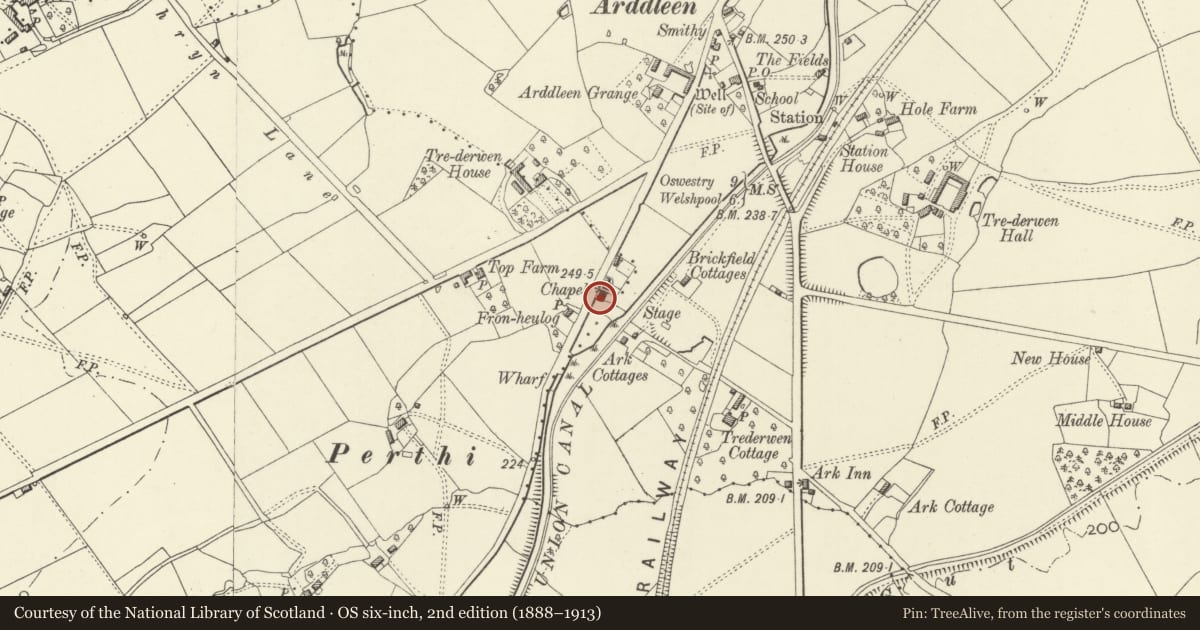 Ordnance Survey six-inch map, 2nd edition (1888–1913) covering the location of Manse, Llandrinio, Powys, with a pin at the register's coordinates