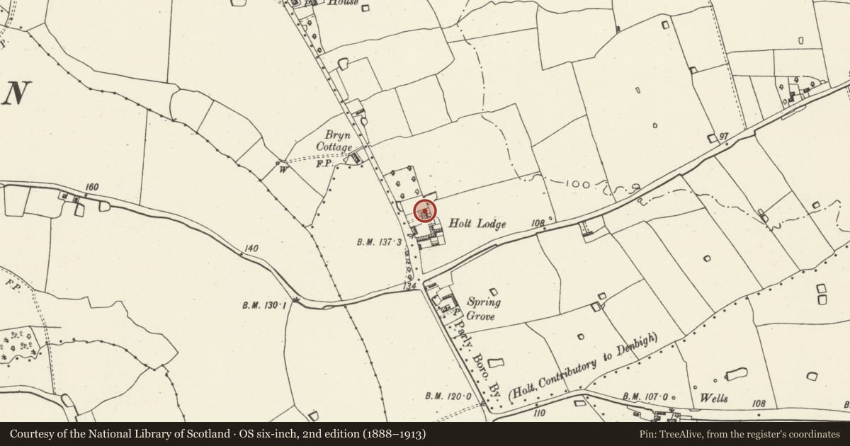 Ordnance Survey six-inch map, 2nd edition (1888–1913) covering the location of New Holt Lodge Farm, Wrexham, with a pin at the register's coordinates
