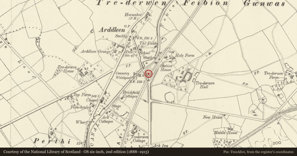 Ordnance Survey six-inch map, 2nd edition (1888–1913) covering the location of Milestone at roadside to SE of Montgomeryshire Canal, Llandrinio, Powys, with a pin at the register's coordinates