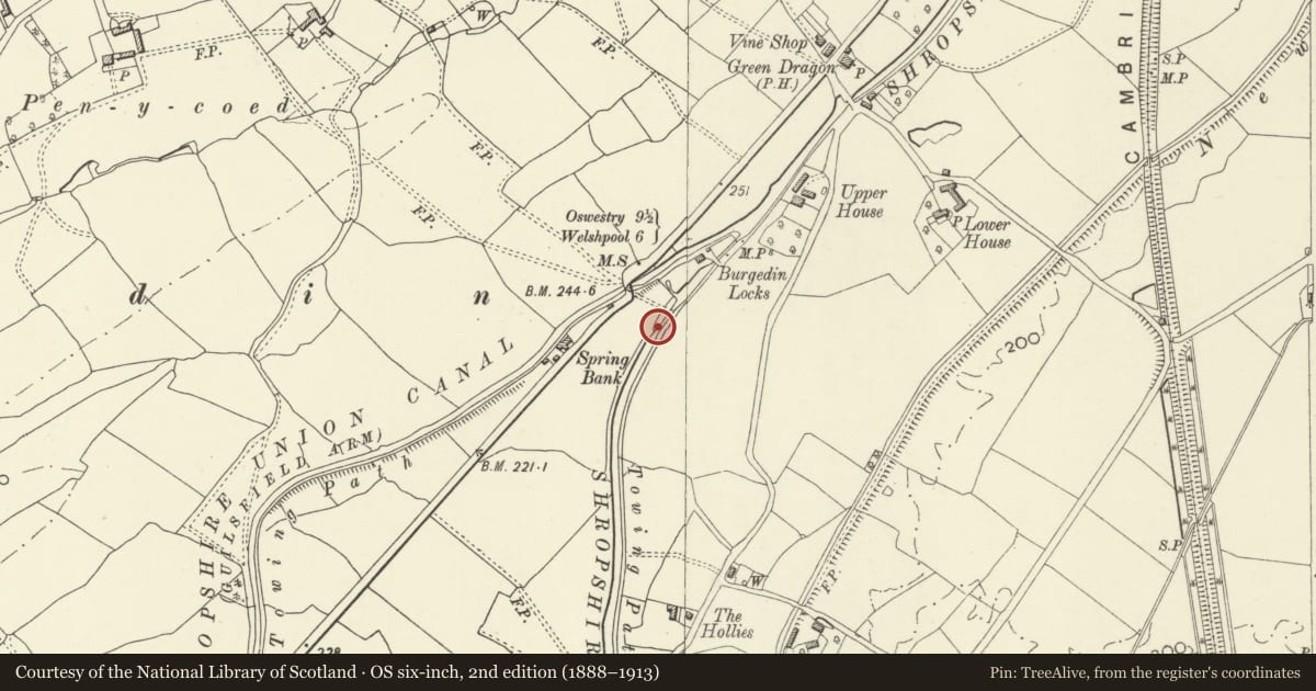 Ordnance Survey six-inch map, 2nd edition (1888–1913) covering the location of Operating Gear, Llandrinio, Powys, with a pin at the register's coordinates
