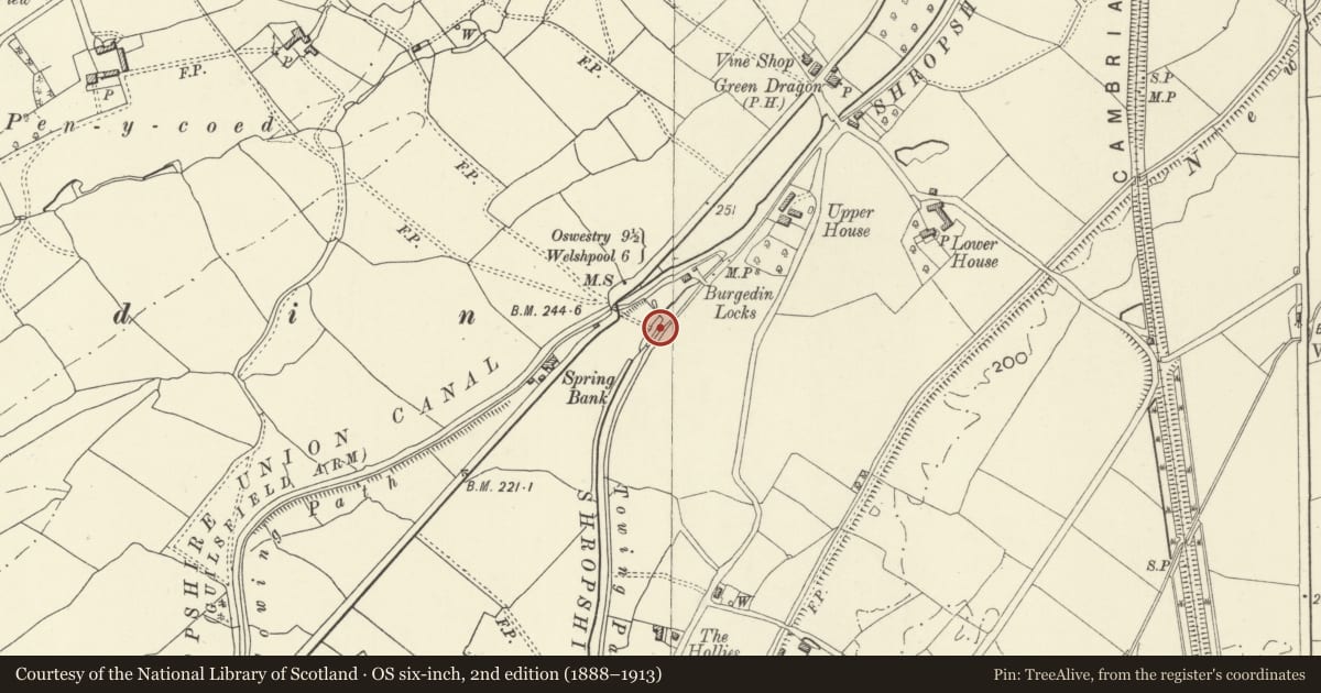 Ordnance Survey six-inch map, 2nd edition (1888–1913) covering the location of Burgedin Lock Bridge, Llandrinio, Powys, with a pin at the register's coordinates