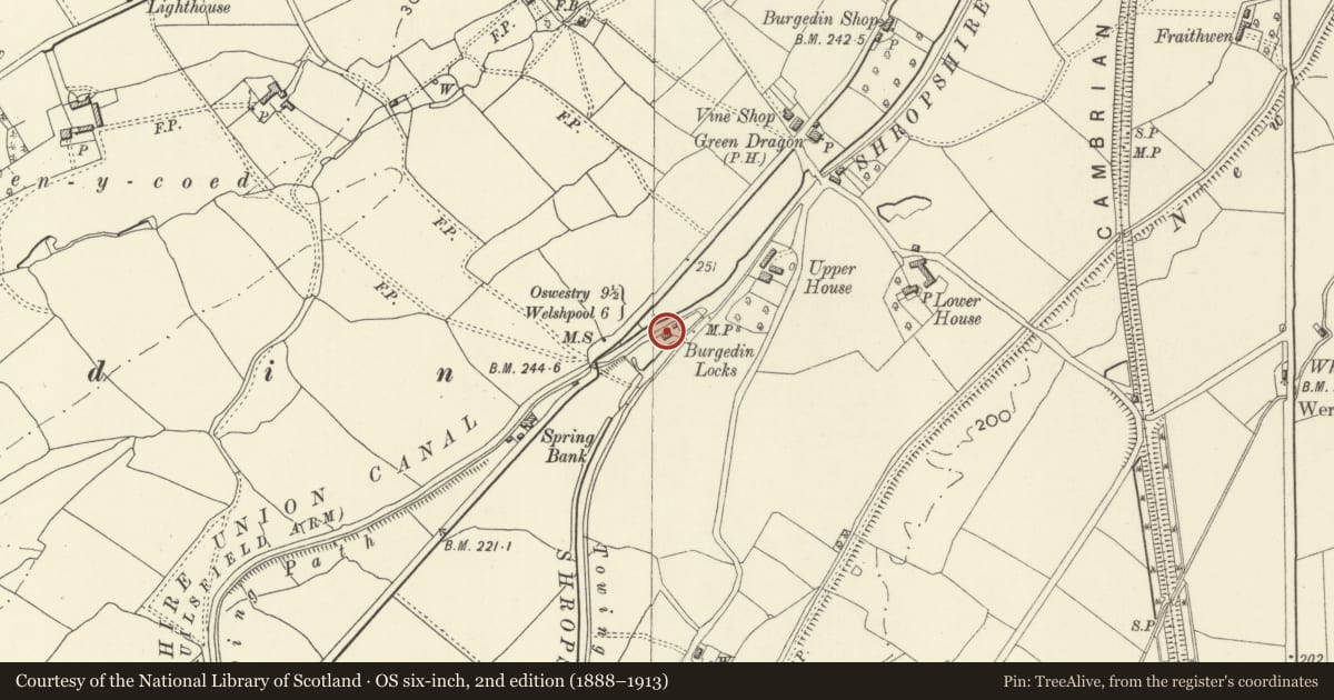 Ordnance Survey six-inch map, 2nd edition (1888–1913) covering the location of Lengthsman's House at Burgedin Lock, Llandrinio, Powys, with a pin at the register's coordinates