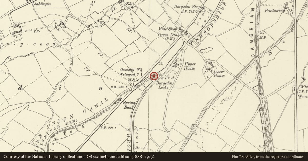 Ordnance Survey six-inch map, 2nd edition (1888–1913) covering the location of Outbuilding to E of Lengthsman's House at Burgedin Lock, Llandrinio, Powys, with a pin at the register's coordinates
