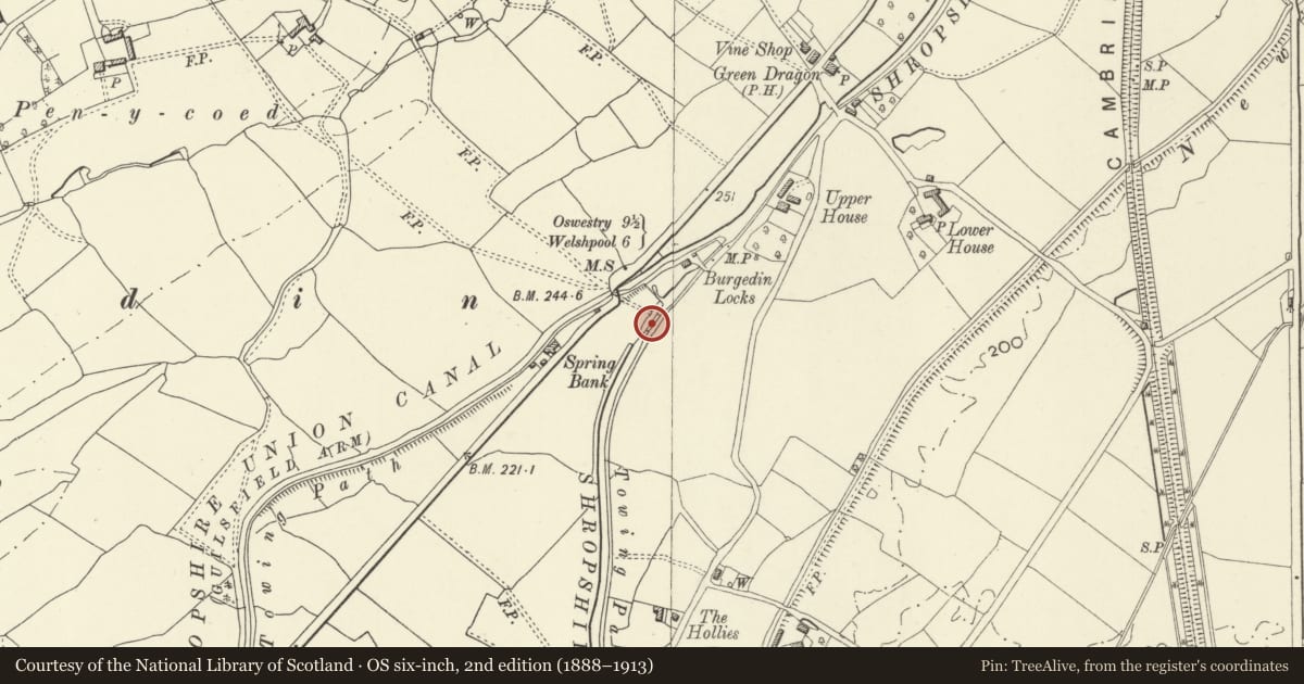 Ordnance Survey six-inch map, 2nd edition (1888–1913) covering the location of Lower Lock Chamber, Llandrinio, Powys, with a pin at the register's coordinates