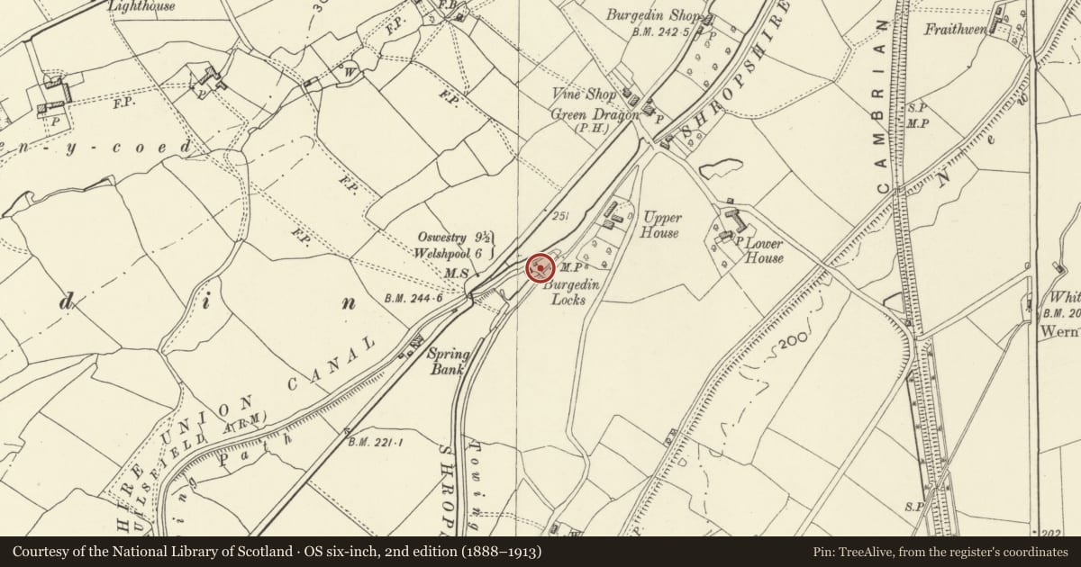 Ordnance Survey six-inch map, 2nd edition (1888–1913) covering the location of Operating Gear, Llandrinio, Powys, with a pin at the register's coordinates