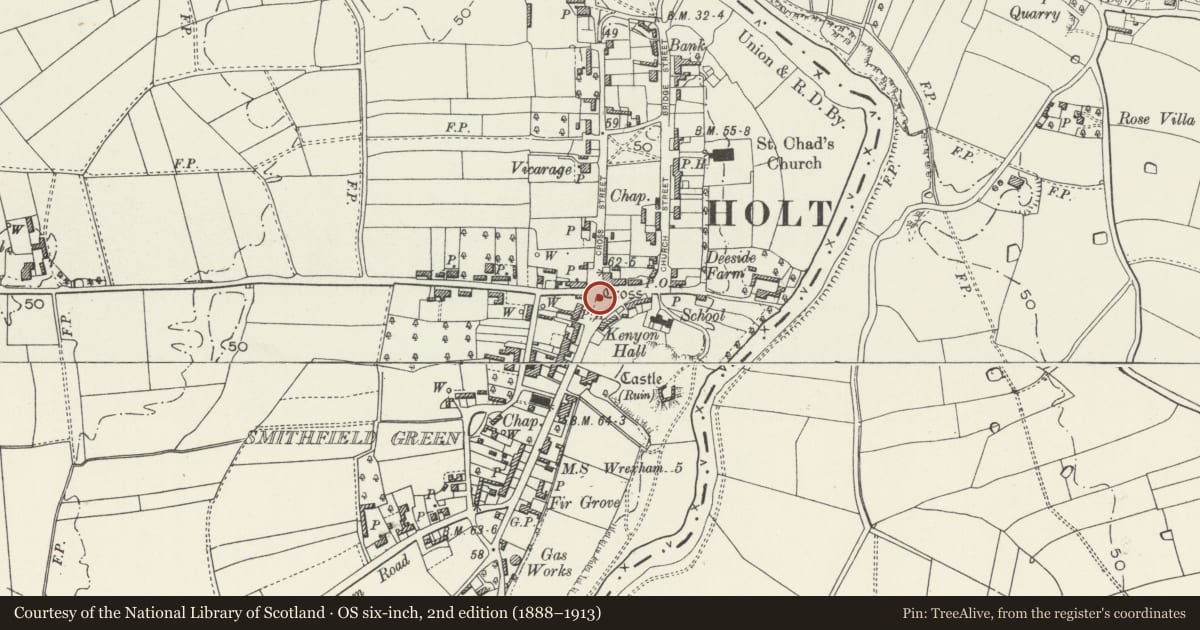 Ordnance Survey six-inch map, 2nd edition (1888–1913) covering the location of Village Cross, Holt, Wrexham, with a pin at the register's coordinates