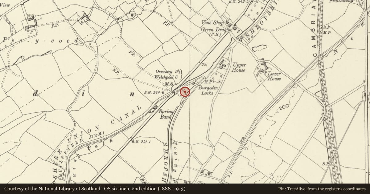 Ordnance Survey six-inch map, 2nd edition (1888–1913) covering the location of Spillway, Llandrinio, Powys, with a pin at the register's coordinates