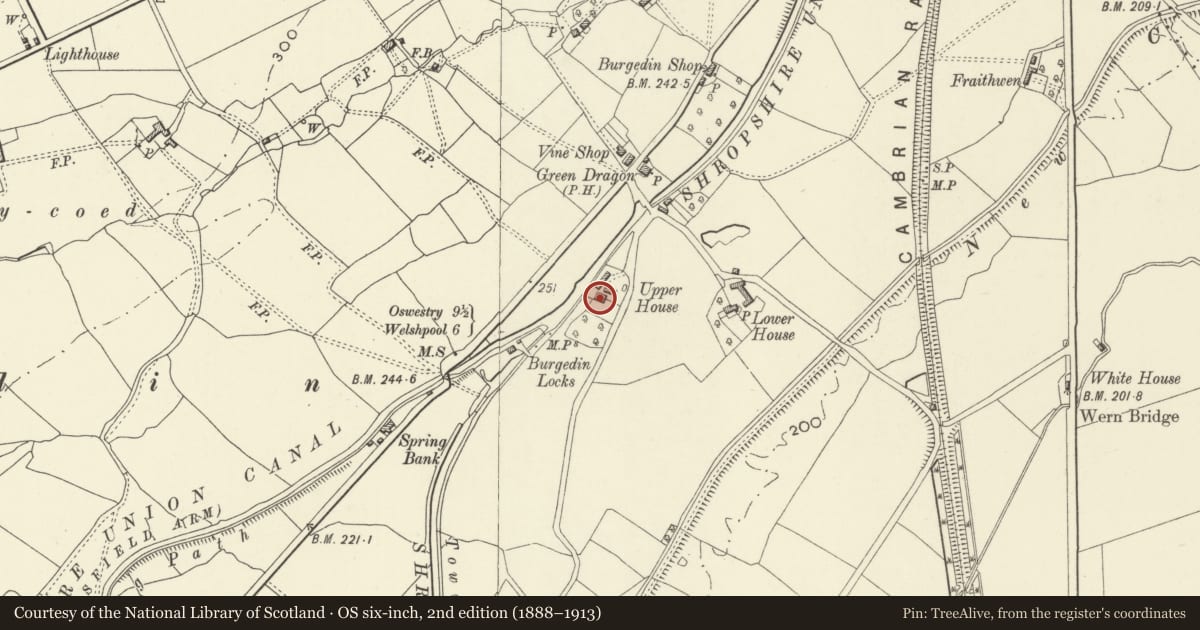 Ordnance Survey six-inch map, 2nd edition (1888–1913) covering the location of Upper House, Llandrinio, Powys, with a pin at the register's coordinates