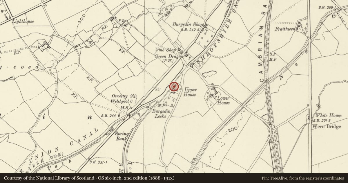 Ordnance Survey six-inch map, 2nd edition (1888–1913) covering the location of Barn, Cartshed and Granary Range at Upper House, Llandrinio, Powys, with a pin at the register's coordinates