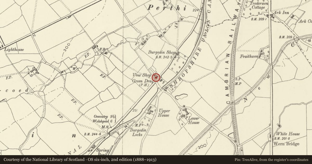 Ordnance Survey six-inch map, 2nd edition (1888–1913) covering the location of The Vine, Llandrinio, Powys, with a pin at the register's coordinates