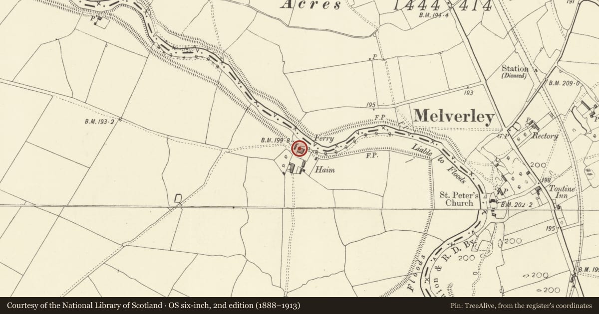 Ordnance Survey six-inch map, 2nd edition (1888–1913) covering the location of The Haim, Llandrinio, Powys, with a pin at the register's coordinates