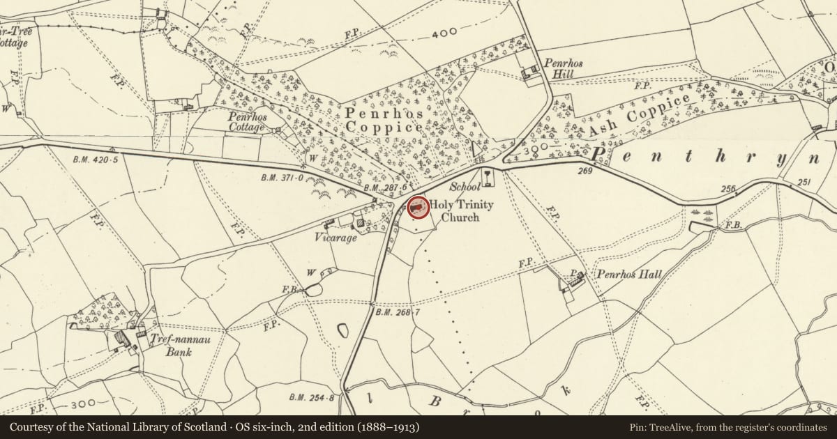 Ordnance Survey six-inch map, 2nd edition (1888–1913) covering the location of Church of the Holy Trinity, Llandrinio, Powys, with a pin at the register's coordinates
