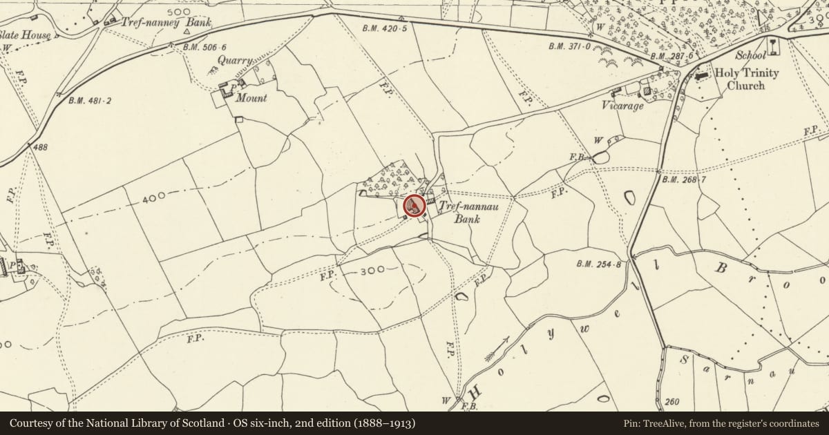 Ordnance Survey six-inch map, 2nd edition (1888–1913) covering the location of Barn in Range to W of Tref Nannau Bank, Llandrinio, Powys, with a pin at the register's coordinates