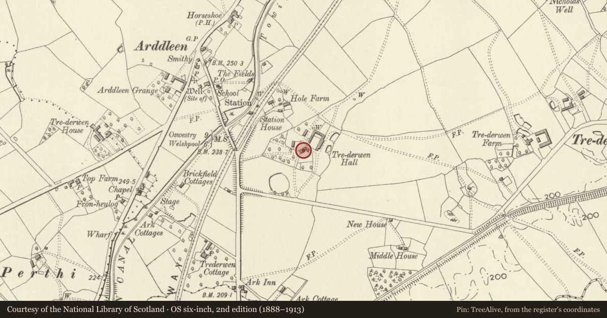 Ordnance Survey six-inch map, 2nd edition (1888–1913) covering the location of Trederwyn Hall (also known as Trederwyn Farm), Llandrinio, Powys, with a pin at the register's coordinates