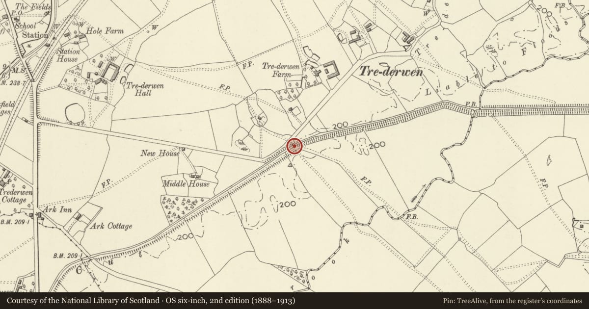 Ordnance Survey six-inch map, 2nd edition (1888–1913) covering the location of Bridge over the New Cut, Llandrinio, Powys, with a pin at the register's coordinates