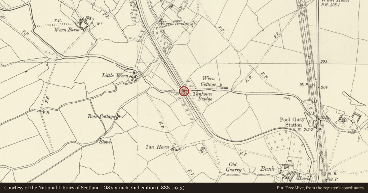 Ordnance Survey six-inch map, 2nd edition (1888–1913) covering the location of Tanhouse Bridge, Welshpool, Powys, with a pin at the register's coordinates