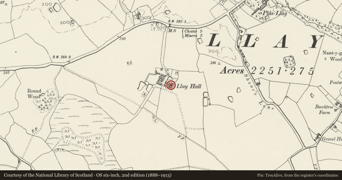Ordnance Survey six-inch map, 2nd edition (1888–1913) covering the location of Llay Hall Farm, Wrexham, with a pin at the register's coordinates