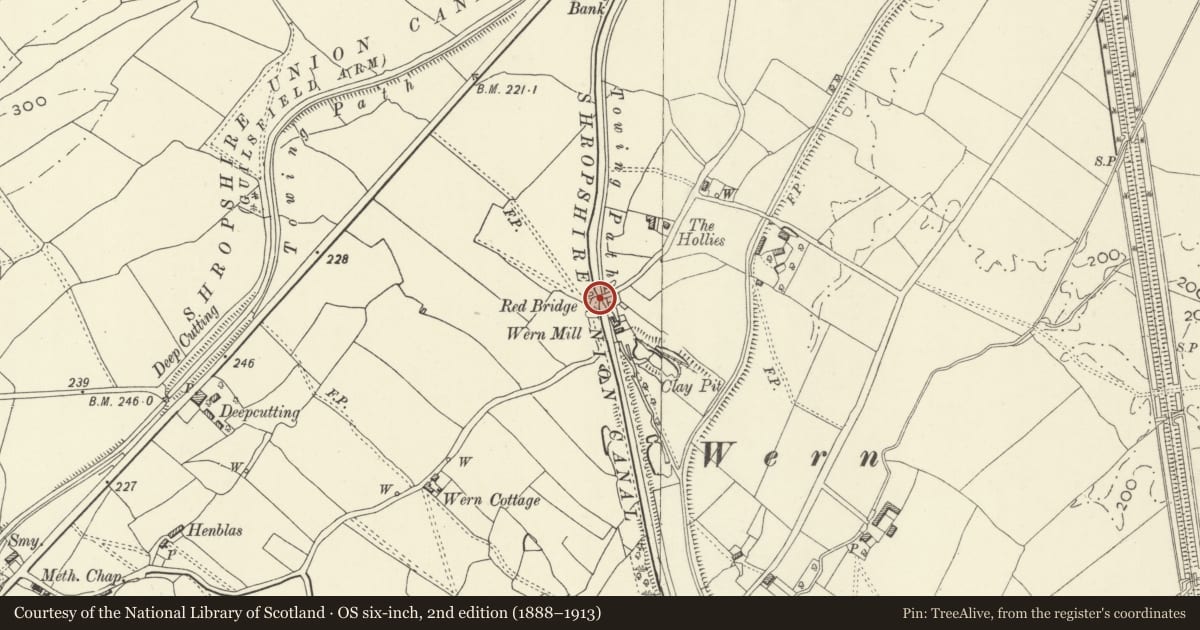 Ordnance Survey six-inch map, 2nd edition (1888–1913) covering the location of Red Bridge, Wern Mill, Llandrinio, Powys, with a pin at the register's coordinates