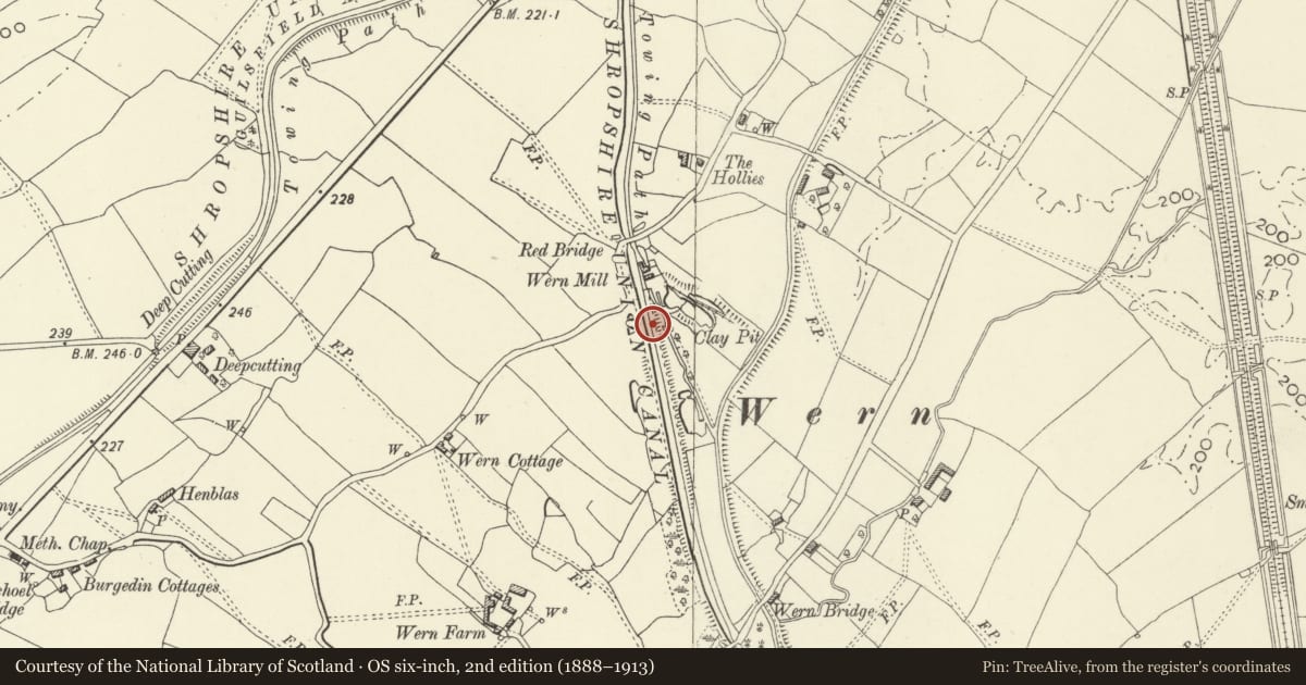 Ordnance Survey six-inch map, 2nd edition (1888–1913) covering the location of Gauging Weir Structures at the Wern, Wern Mill, Llandrinio, Powys, with a pin at the register's coordinates