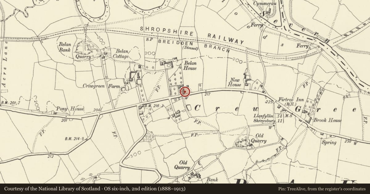 Ordnance Survey six-inch map, 2nd edition (1888–1913) covering the location of Farm Building Range at the Firs, Bausley with Criggion, Powys, with a pin at the register's coordinates